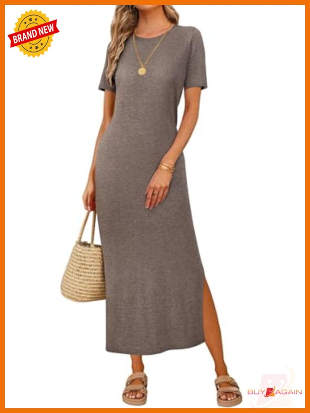 Wool Blend T Shirt Maxi Dress Short Sleeve Crew Neck Side Slit Business Casual
